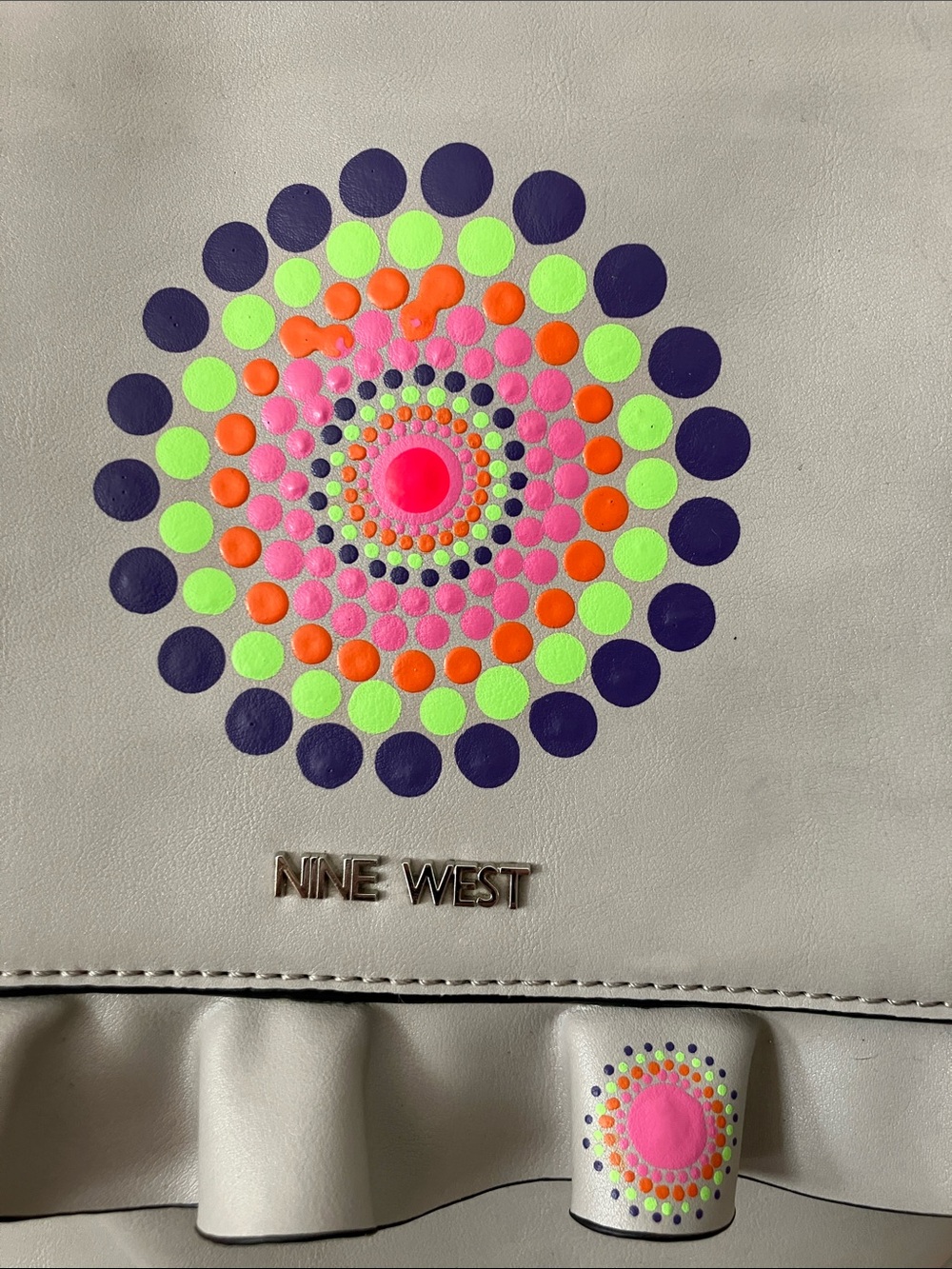 EUC Nine West Light Gray Backpack with Multicolor Dot Medallion 12x10x5 - Picture 3 of 10